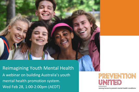 Five young people smiling at the camera, text Prevention United alongside Reimagining Youth Mental Health