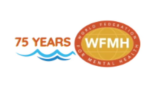 Orange and white text on blue graphics &quot;75 Years&quot; and &quot;WFMH&quot;