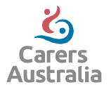 Carers Australia logo, a stylised red person with a hand held up net to a blue wave-like formation. Text: &quot;Carers Australia&quot;.