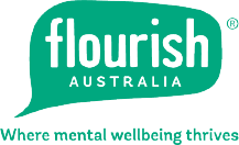 Logo. Flourish Australia: where mental wellbeing thrives