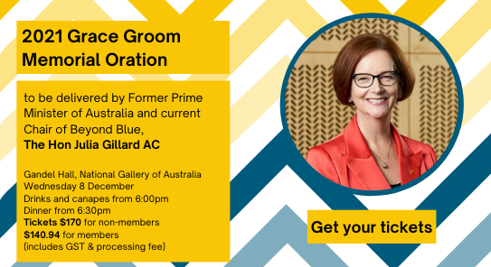 2021 Grace Groom Memorial Oration invite (all details in text below). Image of Julia Gillard