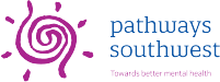 Pathways southwest logo: purple stylised sun in a swirl formation. Text: pathways southwest Towards better mental health