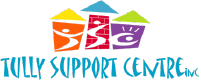 Tully Support Centre logo. Three houses with human figures inside and Tully Support Centre inc in triangular-shaped text.