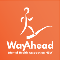 WayAhead: Mental Health Association NSW logo. Stick figure person walking with an orange backdrop