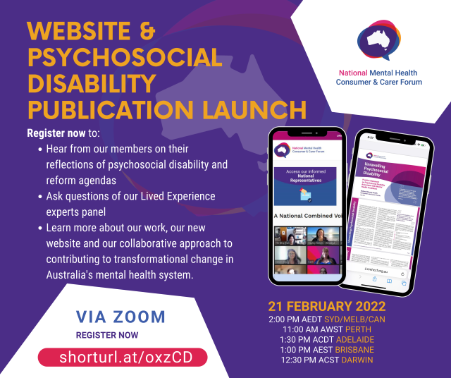 Invite to the NMHCCF Website and Psychosocial Disability Publication Launch. The text is a shortened version of the caption below. Image of two mobile phones showing the NMHCCF website and publication.