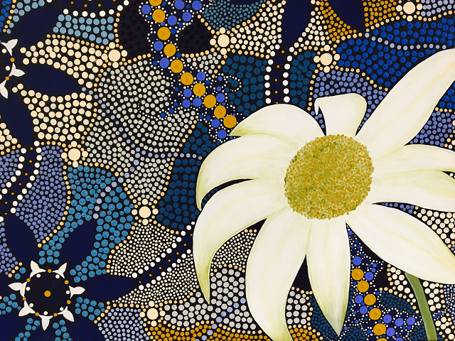 Indigenous dot painting by Mel Brown depiting the flannel flower