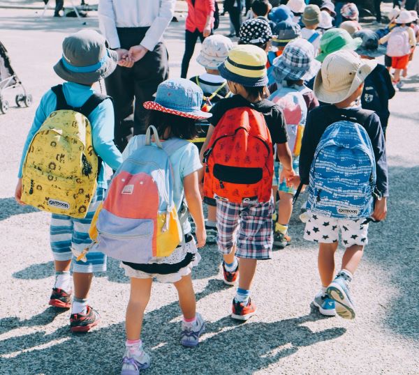 Group of children wearing hats and backpacks