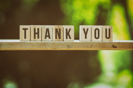 An outdoor image with the words "Thank you" spelt out on wooden blocks