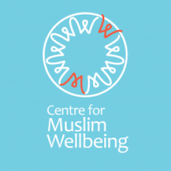 blue background with white logo and words: Centre for Muslim Wellbeing