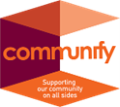 An orange cube logo with text communify Supporting our community on all sides 