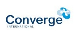 Blue font spelling Converge International and a two tone blue logo