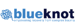 A blue knot with words &quot;blueknot'&quot;