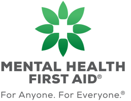 Green logo with black text: Mental Health First Aid For anyone, For everyone.