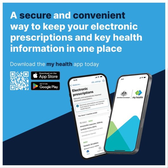 A secure and convenient way to keep your electronic prescriptions and key health information in one place. Download the my health app today. A QR code and links to the App Store and Google Play. Two phones showing the my health app. 
