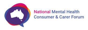 Purple, pink and yellow logo with map of Australia in the centre of three ovals and text National Mental Health Consumer &amp; Carer Forum