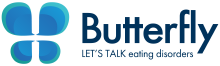Butterfly Foundation logo. A stylised, blue butterfly next to text &quot;Butterfly. LET'S TALK eating disorders&quot;