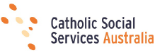 Catholic Social Services Australia logo. A series of orange dots in the shape of a Christian Cross with text &quot;Catholic Social Services Australia&quot;