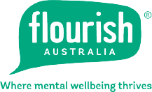 Logo. Flourish Australia: where mental wellbeing thrives