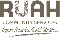 RUAH logo. Text: RUAH COMMUNITY SERVICES. Open Hearts. Bold Strides. The "U" in "RUAH" has circular patterns.