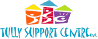 Tully Support Centre logo. Three houses with human figures inside and Tully Support Centre inc in triangular-shaped text.