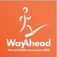 WayAhead: Mental Health Association NSW logo. Stick figure person walking with an orange backdrop